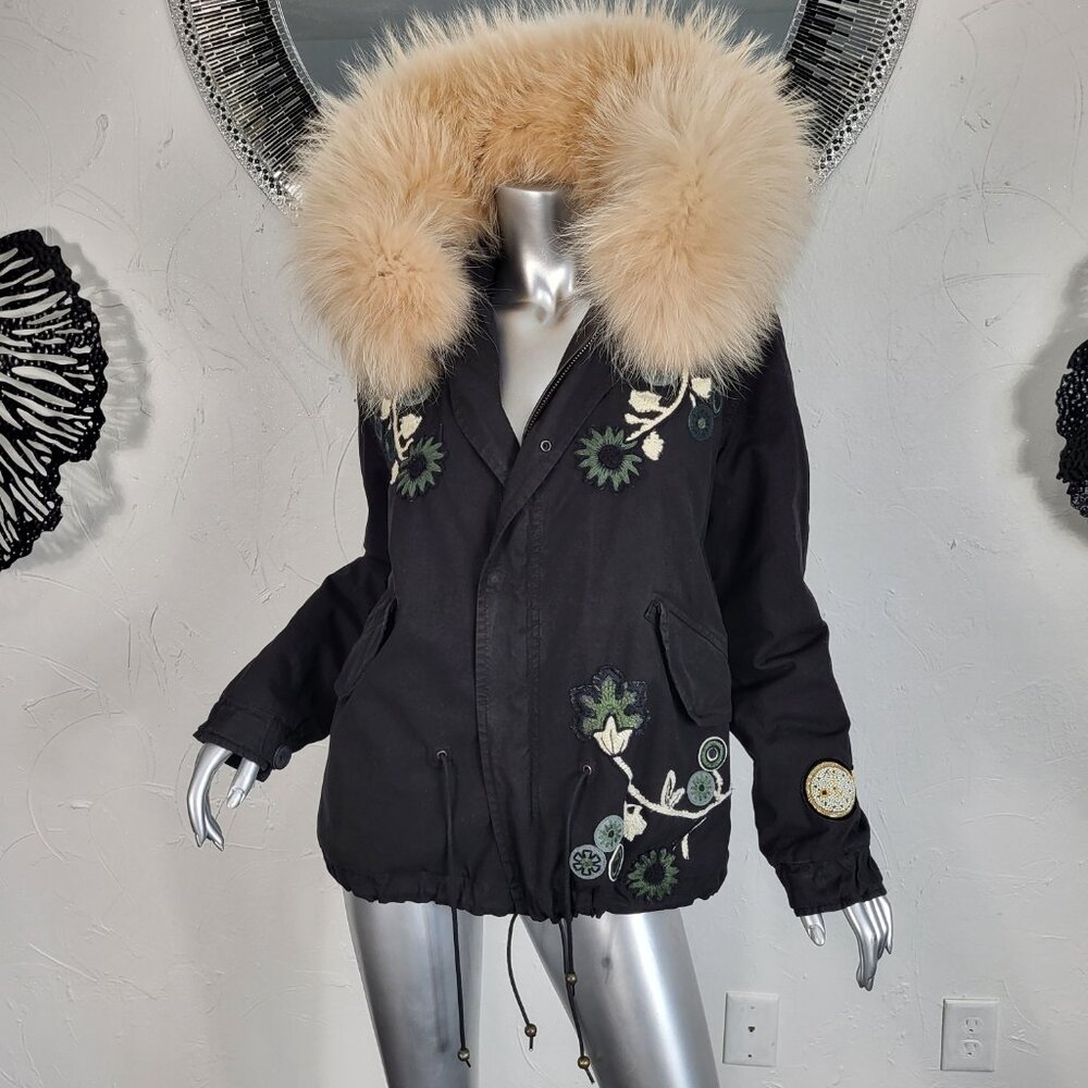 Women’s Black Embroidered Parka Jacket with Beige Fur Trim
